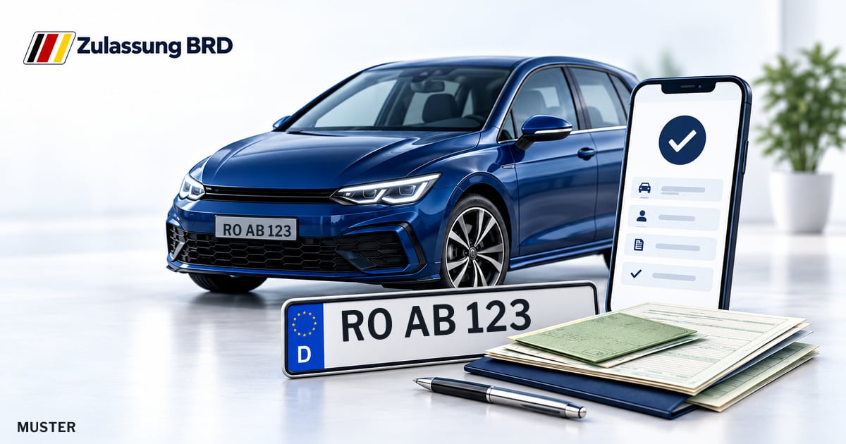 Online Fahrzeugzulassung in Wasserburg a. Inn: Musterkennzeichen RO AB 123, Auto und Fahrzeugpapiere und Smartphone. Illustration mit Logo von Zulassung BRD.